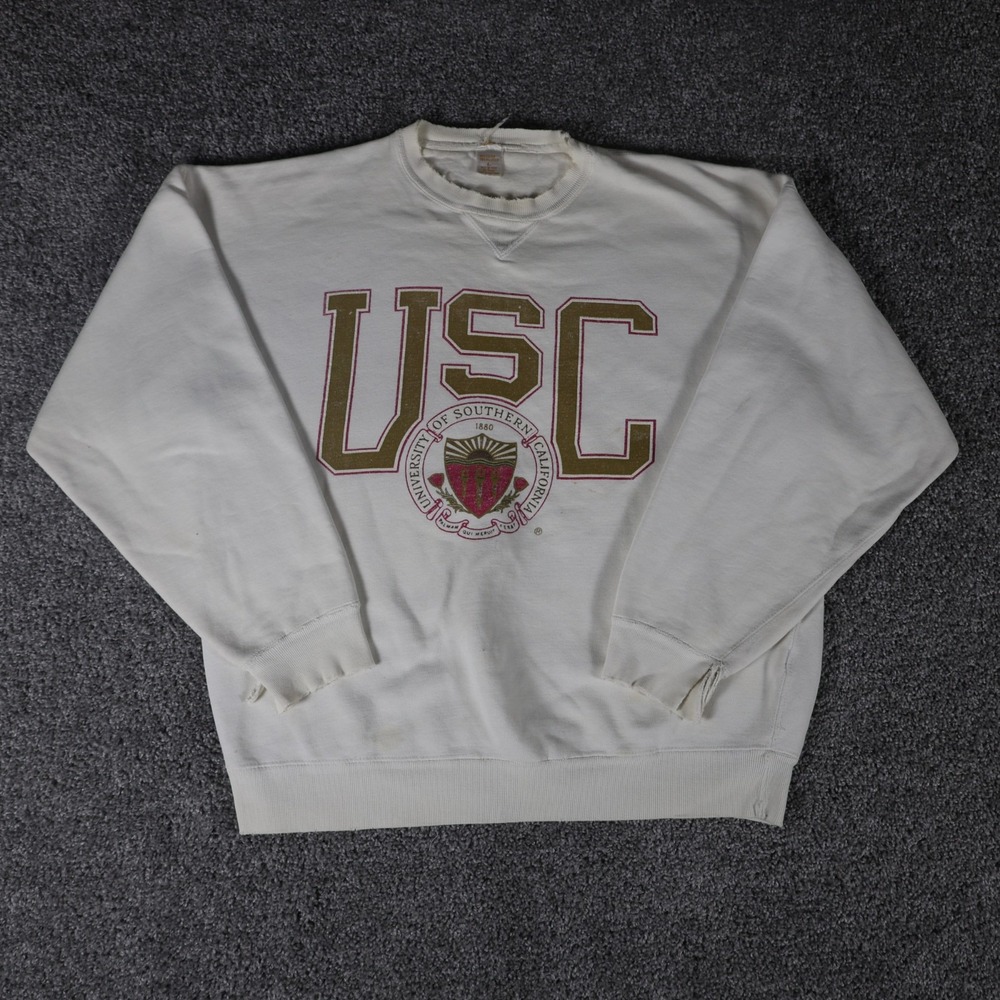 Vintage USC Trojans Sweatshirt Large Cream Distressed College Crewneck